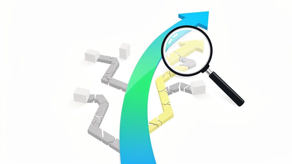 An illustration showing a clear, straight path representing a successful renovation, with other winding or blocked paths symbolizing hidden costs and mistakes, and a magnifying glass examining one of the difficult paths.