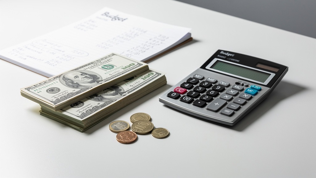 How to Plan a Bathroom Renovation from Start to Finish 4 A modern calculator, a small stack of money, and a notepad with figures, representing budgeting for a renovation.
