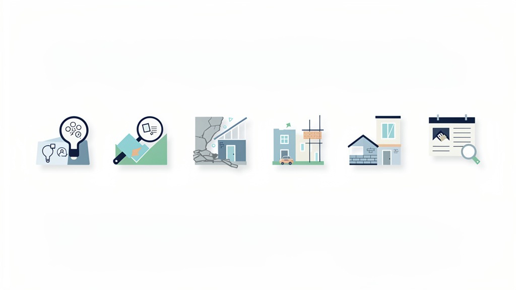 Abstract icons representing sequential steps in a renovation process, laid out on a clean surface.