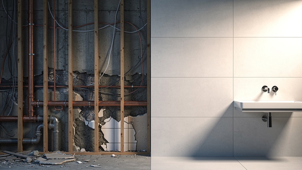 A visual timeline showing a bathroom wall transforming from a state of demolition with exposed pipes to a finished, modern wall with a new fixture.