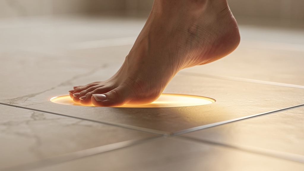 Luxury Bathroom Features Worth Adding to Your Renovation 3 A bare foot gently touching a subtly glowing, warm tiled bathroom floor.