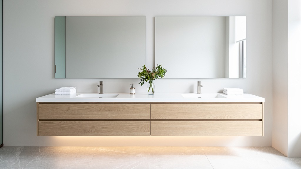 Luxury Bathroom Features Worth Adding to Your Renovation 4 A modern double vanity with two sinks, custom dark wood cabinetry, and large mirrors in a well-lit bathroom.