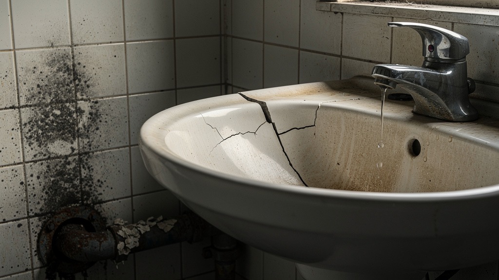 Signs Your Bathroom Needs a Full Renovation Versus a Simple Refresh 3 Close-up details of a bathroom showing a cracked sink, moldy grout, rusty drain, and a dripping faucet, indicating severe disrepair.