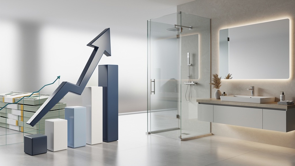 Signs Your Bathroom Needs a Full Renovation Versus a Simple Refresh 4 A modern, high-end bathroom next to a stylized financial graph showing upward growth, representing return on investment.