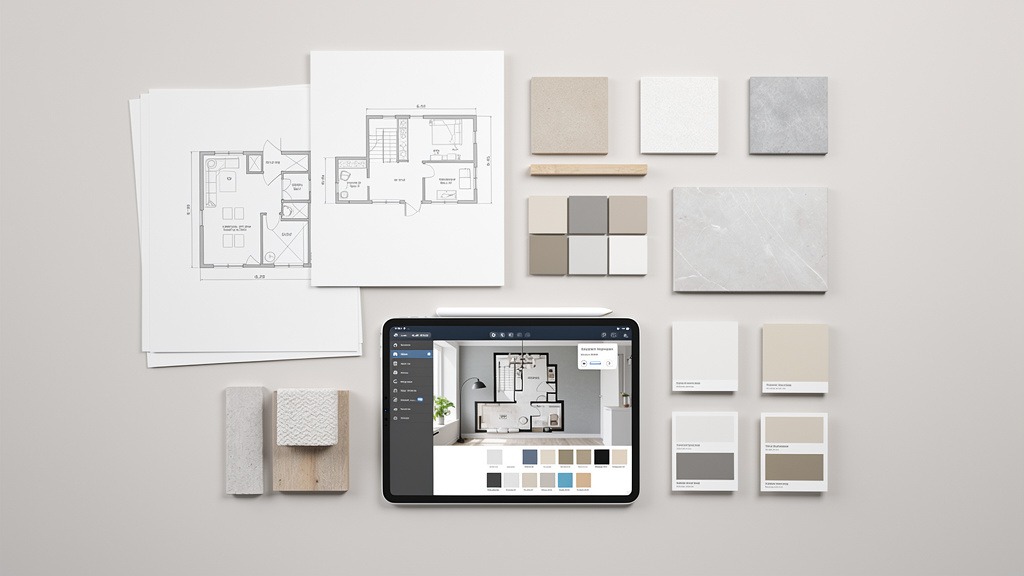Bathroom Renovation Services Across the Greater Toronto Area 3 Design sketches, tile samples, and a digital tablet on a workbench, illustrating the step-by-step planning process of a bathroom remodel.