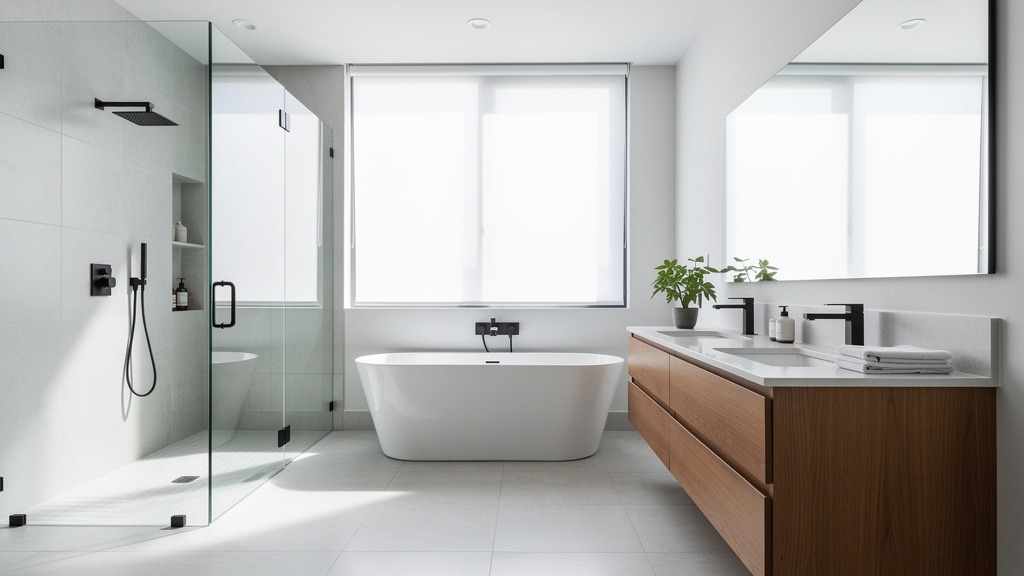 A luxurious, modern renovated bathroom with a freestanding tub, walk-in shower, and double vanity, bathed in natural light.