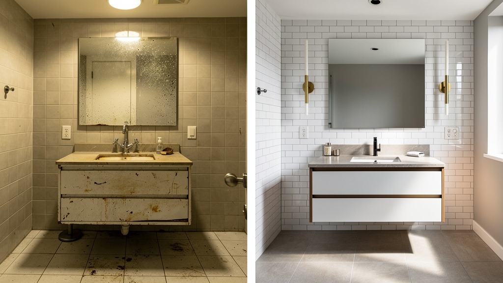 Split image showing a before and after bathroom renovation. The 'before' side is old and dull, while the 'after' side is modern and luxurious, highlighting a budget-friendly transformation.