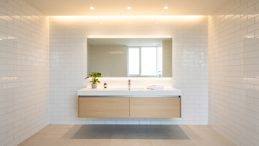 A luxurious, newly renovated condo bathroom with white tiles and modern fixtures, bathed in natural light.