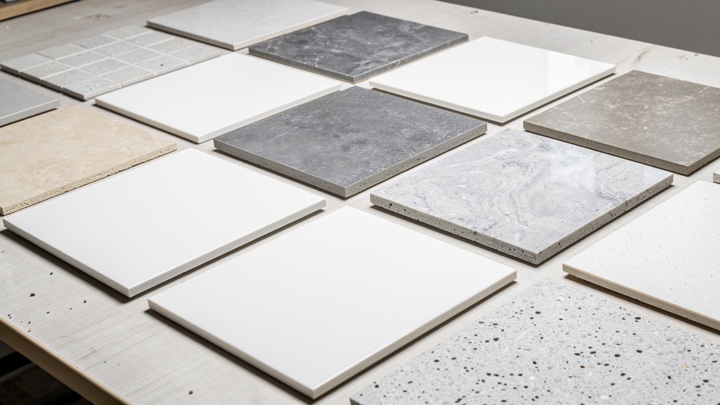 Assortment of shower pan material samples including acrylic, tile, and stone composite, laid out for comparison.