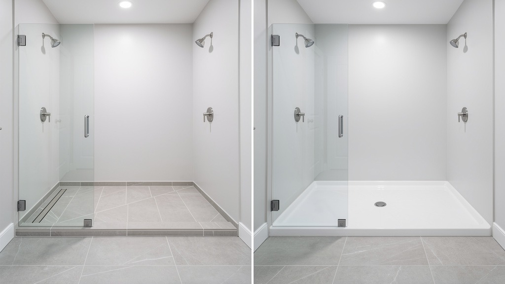 Side-by-side comparison of a custom-tiled shower pan and a prefabricated shower pan in a bathroom setting.