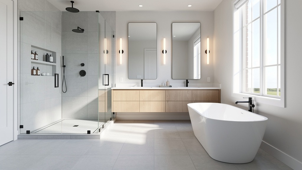 A luxurious, newly renovated master bathroom with a freestanding tub, walk-in shower, and double vanity.