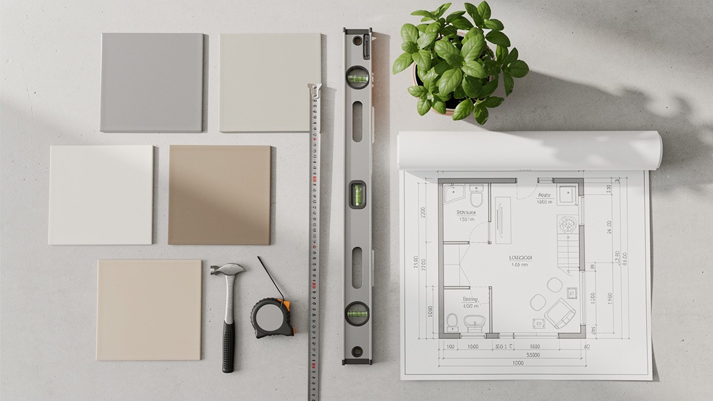 From Dated to Modern How Outdated Bathrooms Get Fully Renovated 2 Bathroom renovation tools and materials like tile samples, a tape measure, and a design sketch laid out on a clean surface.