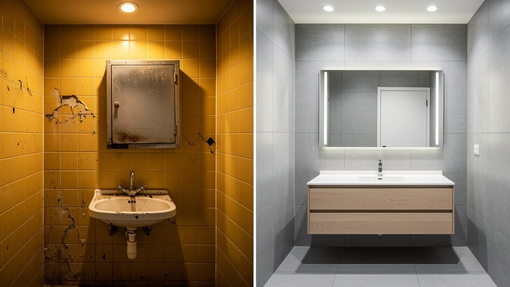 Split image showing an outdated bathroom with yellow tiles on the left and a modern, renovated bathroom with grey tiles and a floating vanity on the right.
