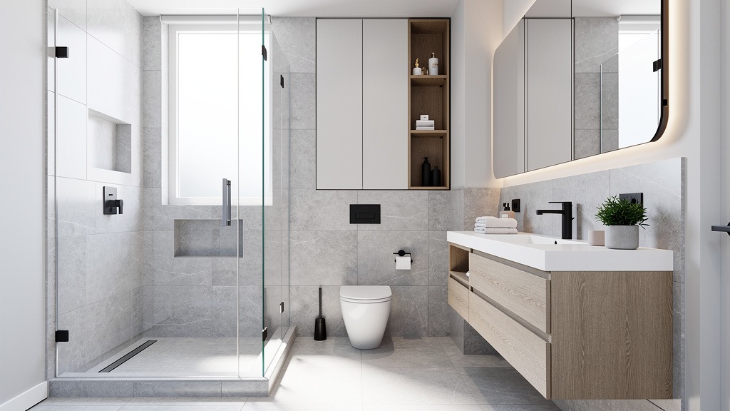A modern, compact condo bathroom with a floating vanity, corner shower, and light color scheme, demonstrating space-saving design.